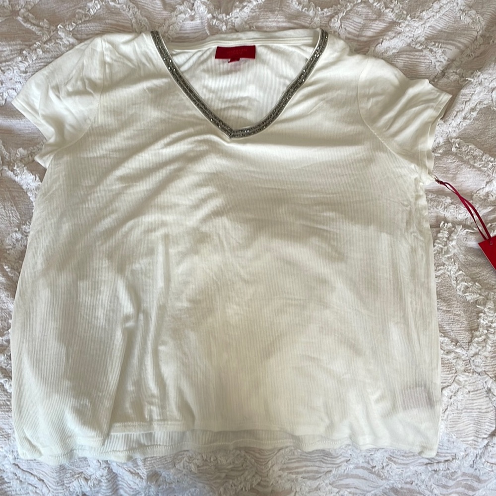 Ribbed white T-shirt with jeweled neckline